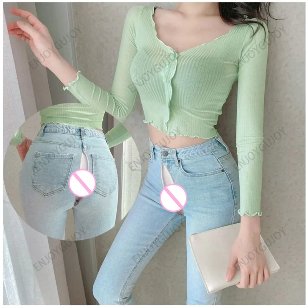 Invisible Open Crotch Denim Pencil Pants for Women, Slim Fit, Elastic Tight Pants, Light Blue Jeans, Outdoor Sex