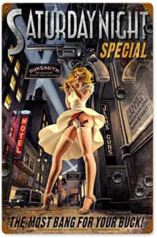 Letrero Metálico de Estilo Vintage XIAOQIU, Pin-up Girl Saturday Night Special, Letreros Metálicos para Decoración de Cocina y Garaje