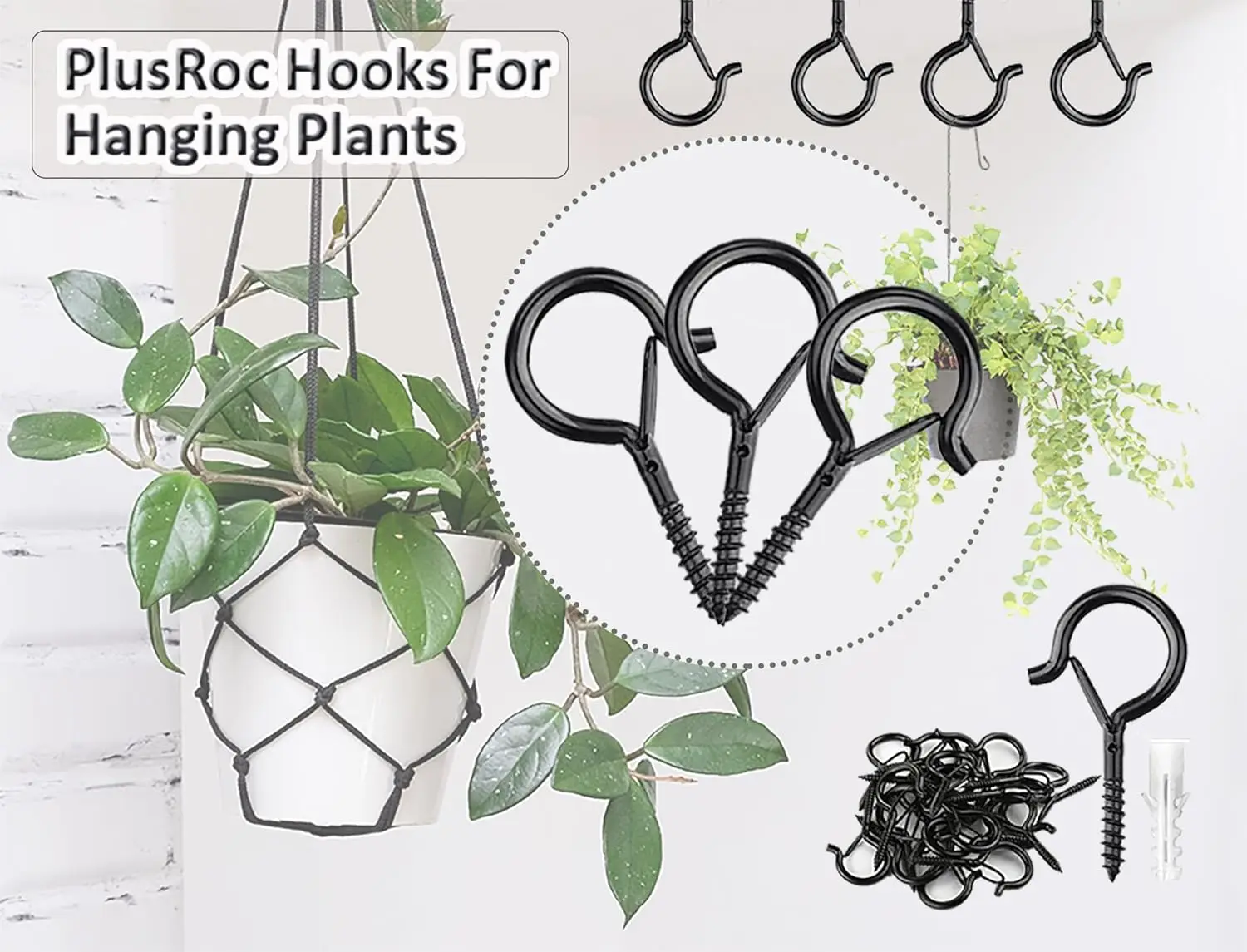 10/20 Pack Screw Hooks for Hanging Plants / String Lights, Heavy Duty 2.2 Inch Black Eye Hook Screw Cup Ceiling Hook Q-Hanger view 4