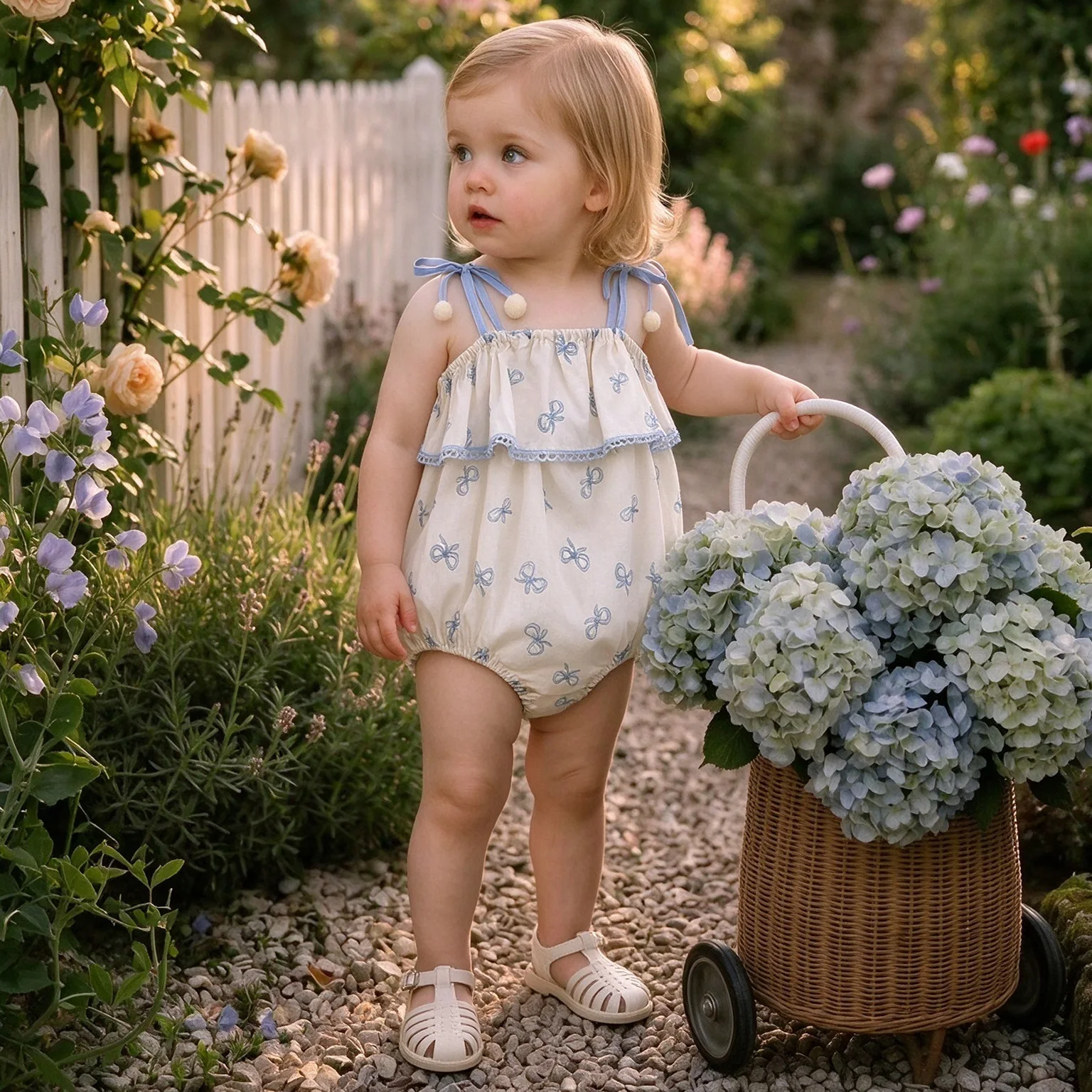 Cute Baby Girls Romper Bodysuits Romper for 12-18 Months Spaghetti Strap Blue Ruffle Lace Edge Bow Print Bodysuit