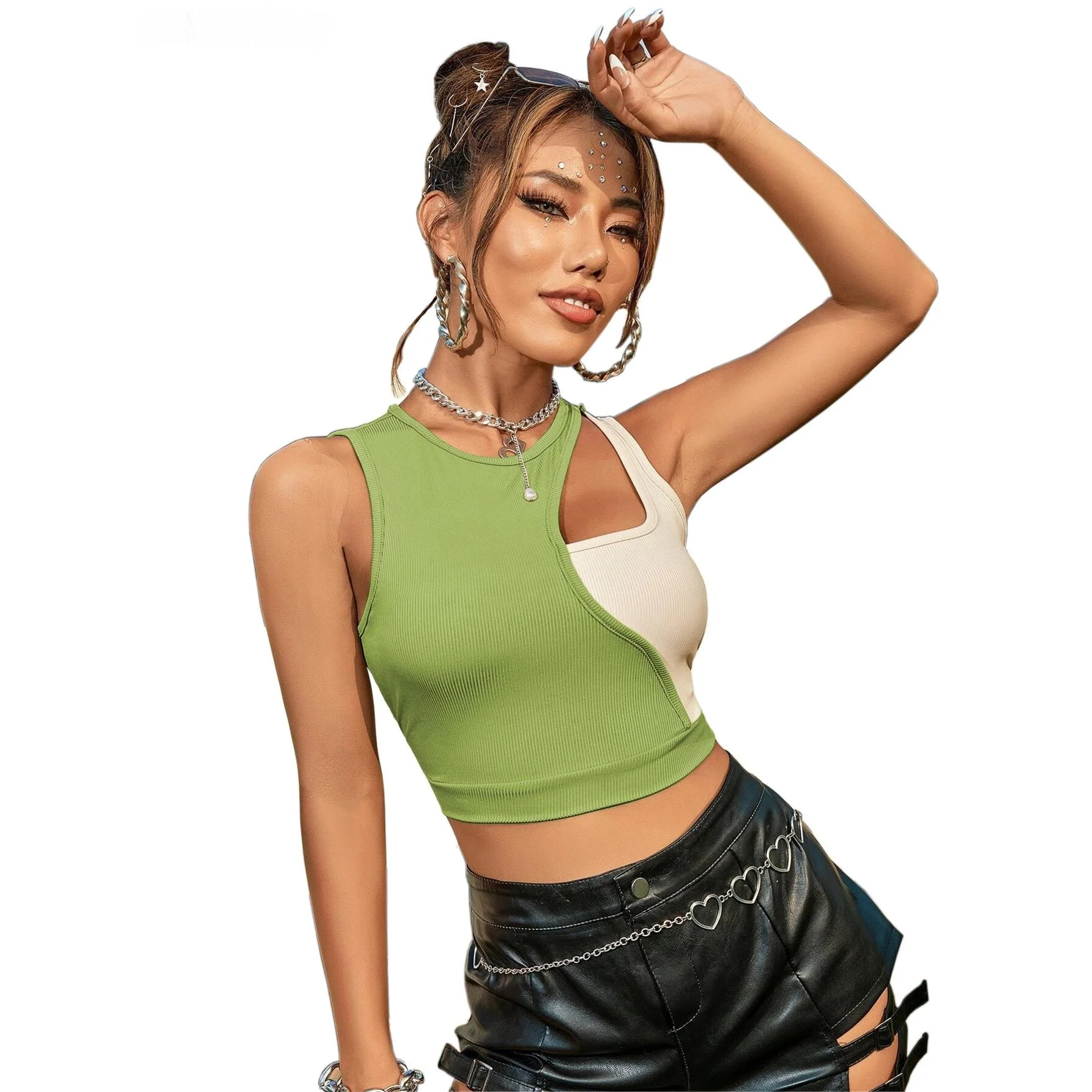 

Women's Crew Ne Patchwork ort Tank Top T-irt Pure Color Cotton 00% Spring Faion Elements Splicing Workwear