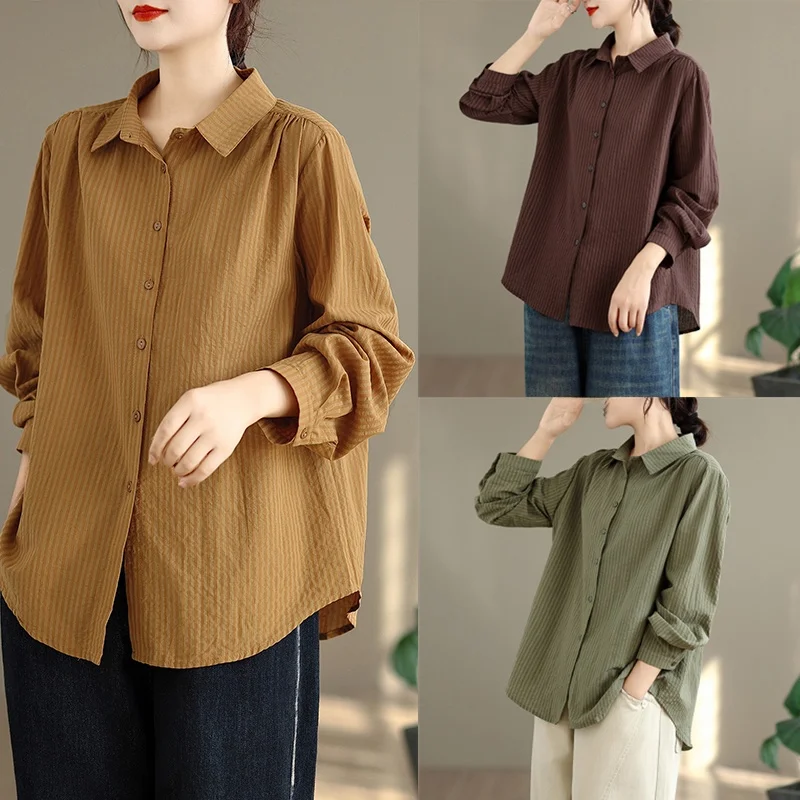 

Women's plus Size Shirt Spring Autumn Long Sleeve Striped Cover Belly Outfit Comfortable Breathable Loose Fit Commute Style
