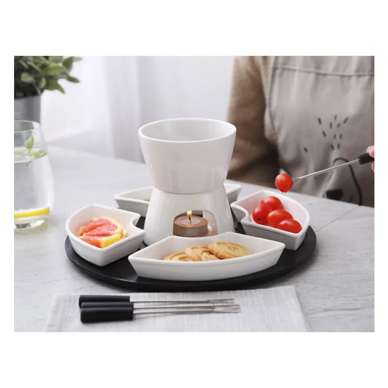 White Ceramic  Chocolate Fondue Pot  with 4 Dishes  Forks Porcelain Diy Fondue Serving Set for Cheese, Chocolate, Icecream