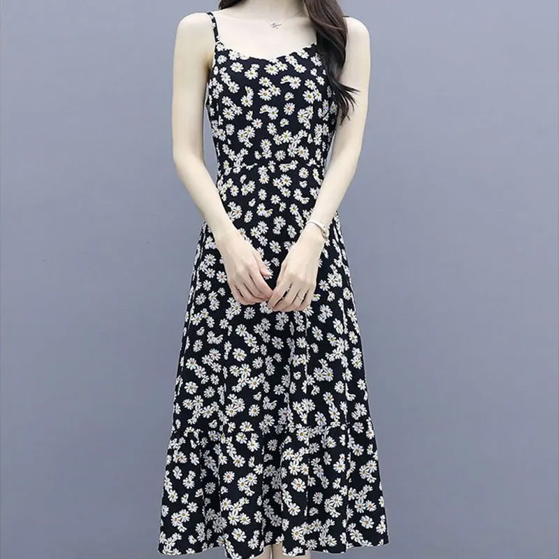 2024 Summer Thin New Broken Flowers Dresses Beach Style Odzież damska Vintage Sleeveless A-Line Waist Commute Slip Midi Dress