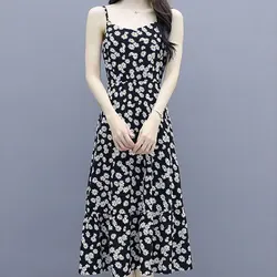 2024 Summer Thin New Broken Flowers Dresses Beach Style Odzież damska Vintage Sleeveless A-Line Waist Commute Slip Midi Dress