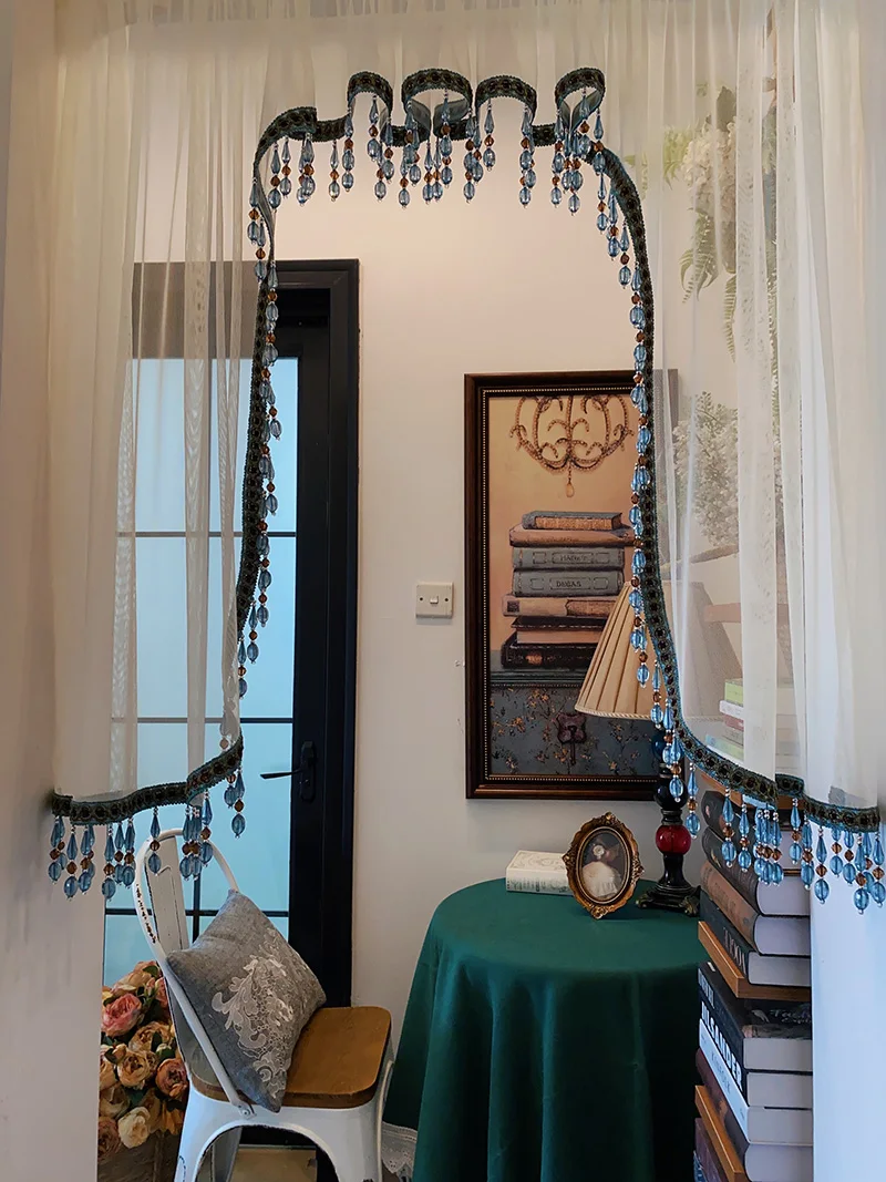 

Villa Soft Decoration Retro Blue Arched Lace Gauze Curtains for Living Room French Hole Door Curtain Head
