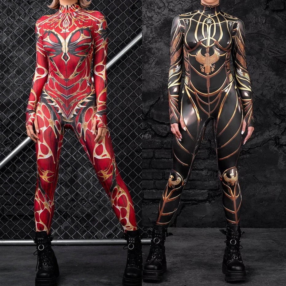 

Cosplay Cyber ​​gold Edge Mechanical Armor Punk Robot Women's Bodysuit Water Texture Printed Tights Halloween Party Costume