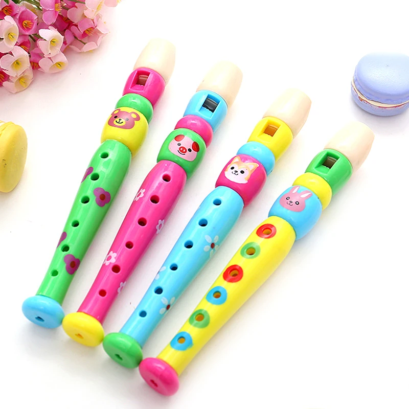 1PC Kids Wooden Flute Toys Cartoon 6-Holes Flute Sound Woodwind Musical Instrument Toy for Children Gift Random Color