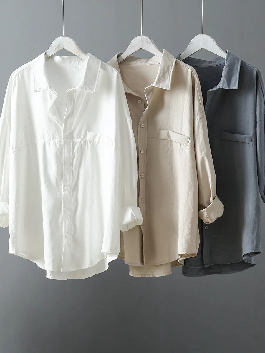 

Loose Long Sve Pure Color Button up irt Korean Sle Street Faion Women's Casual irt Spring 2023 Flip Collar