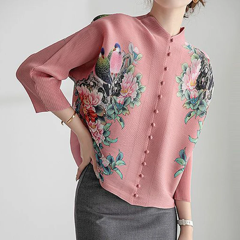 2023 New Sanzhai Pleated Print Top Spring/Summer Chinese Style Retro Loose Middle aged Mom Small Blouse Girl