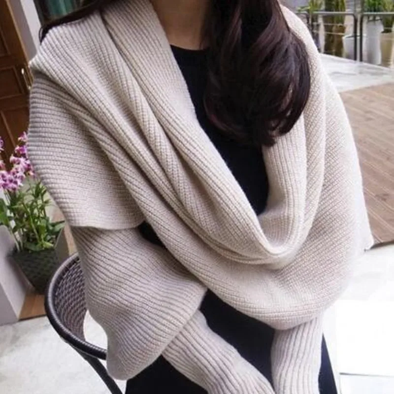 European style Winter women long scarf with sleeves wool knitted scarves for women Thick Warm Casual Shawl High quality