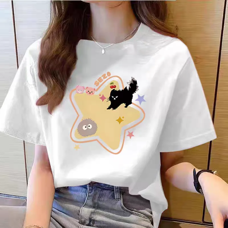 

T-shirt with round neck and short sleeves Women's Summer 2025 new cotton loose plus size white Ted shirt with five-pointed star.