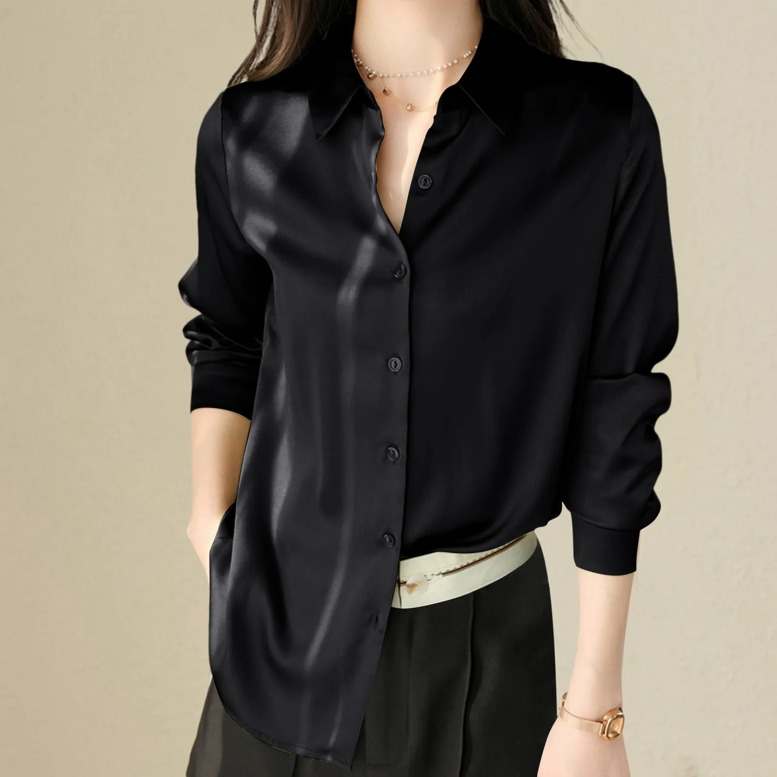 

Elegant Women's Summer Blouse Satin Imitation Silk Temperament Solid Color V-Neck Shirt Satin Silky Soft Casual Top Women Clothe