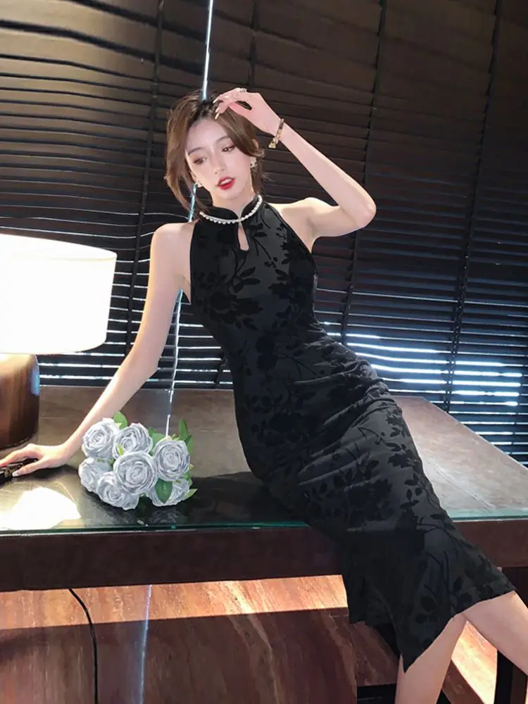 

Elegant Black Modified Flocked Printed Stretch Cheongsam Dresses 2026 Women Chinese Retro Sleeveless Slit Slim Sexy Party Dress