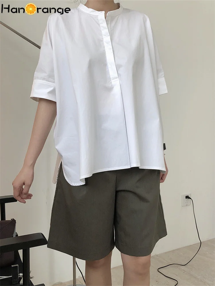 

HanOrange 2026 Summer Simple Chic Half Sleeve Stand Collar Shirt Women Loose Versatile Cotton Blouse White/Royal Blue