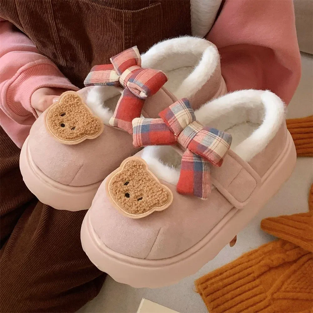 

Winter Plaid Bow Bear Cute Snow Cotton Shoes Thick Bottom Student Velcro Cotton Shoes Christmas Warmth