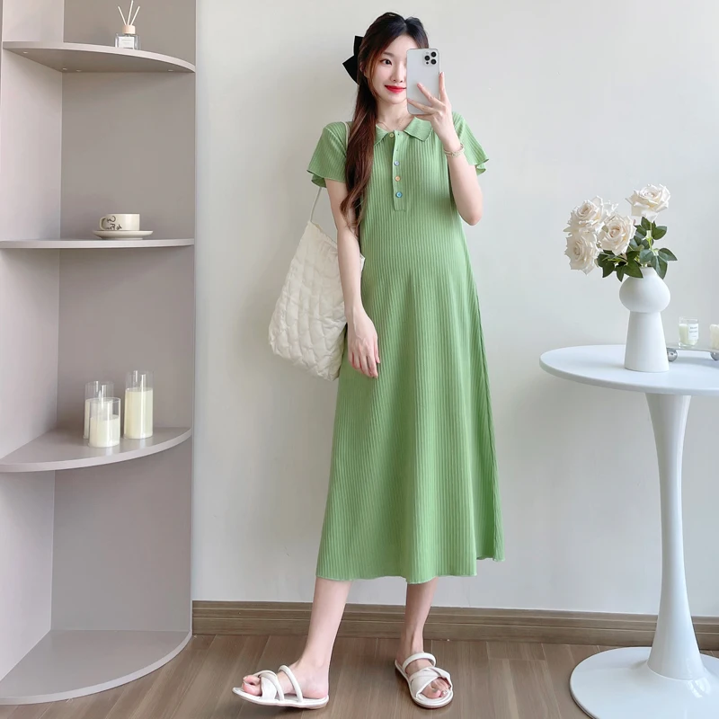 Maternity Summer Clothing Green Knitted Dress Short Sleeve Turn-down Collar Button Fly Pregnant Woman Loose Casual Dress Nursing