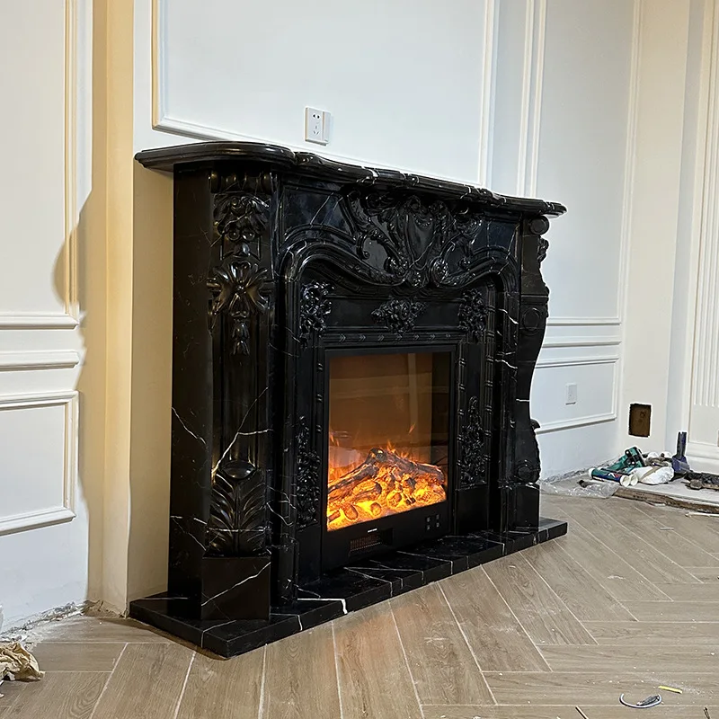 Marble fireplace stone carving French engraving black and white roots simple American home decoration mantel stone fireplace