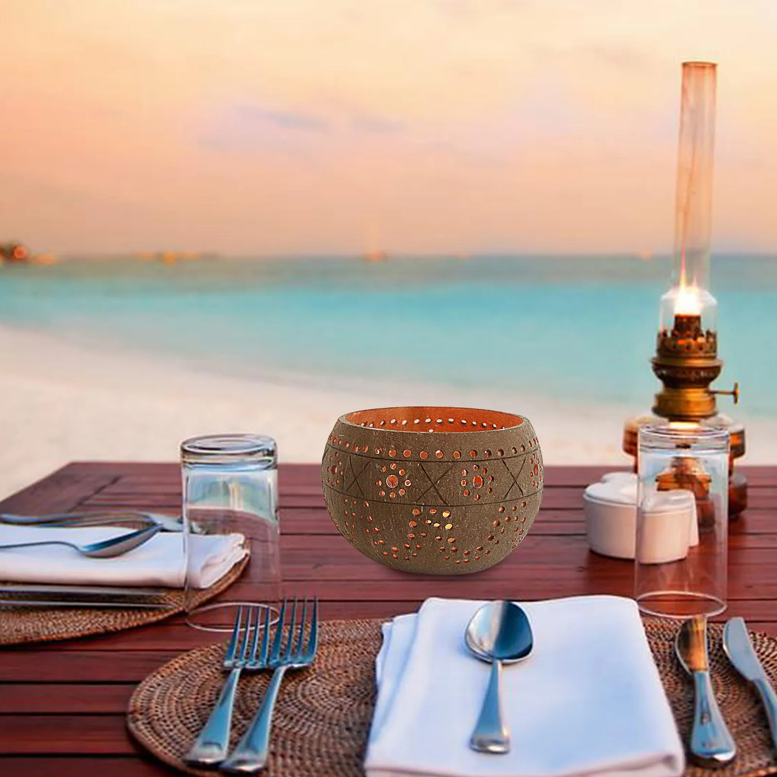 

1pc Hollow-Out Decorative Holder Coconut Shell Made Desktop Decor For Home Wedding Party Table Decoration