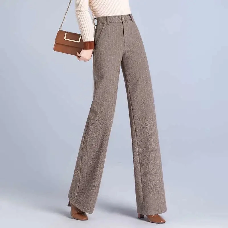 

High Waist Casual Straight Pants High End Office Lady Elegant Wool Trousers Women's Woolen Wide Leg Pants Autumn Winter Thicken