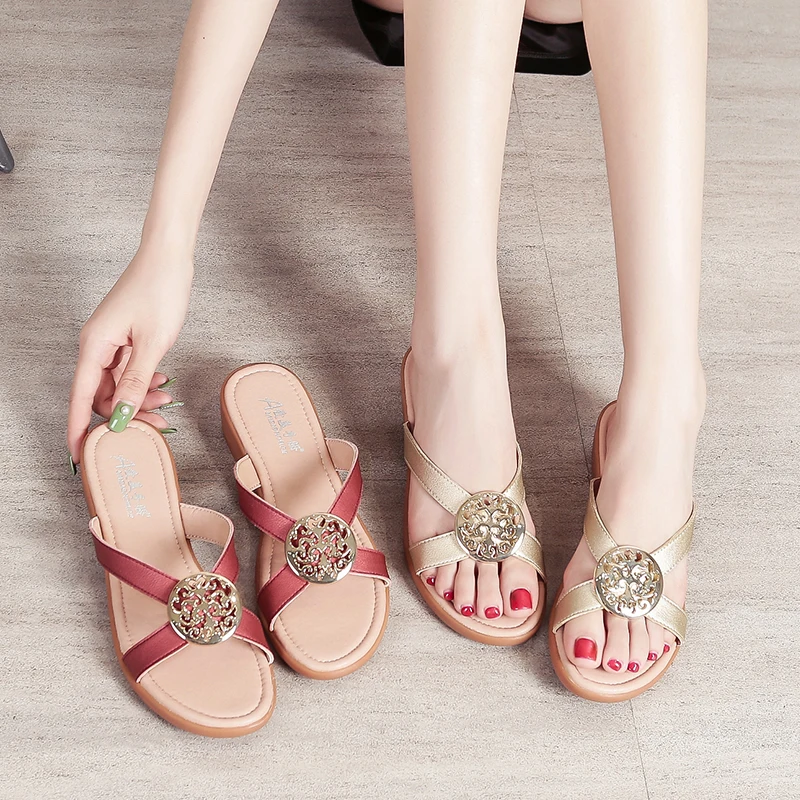 Summer Living Room Shoes Soft Bottom Cow Slippers Walk Around Home Comfortable Flat Flip Flops Women Skin Slipper Female Woman