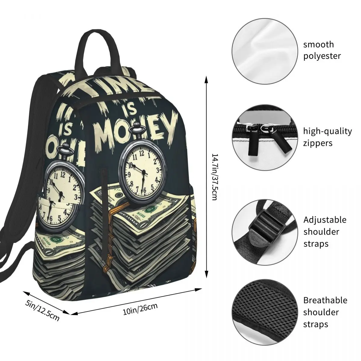 Time Is Money Clock And Currency Backpack Student BookBag Children School Bag Computer Shoulder Bags Boys Girls