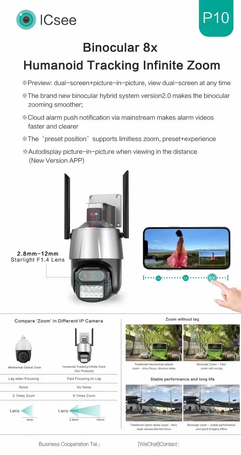 4MP ICSEE APP Dual  Lens 8x Zoom  PTZ IP Dome Camera Full Color Night Vision AI Humanoid Detection Alarm Baby Monitor