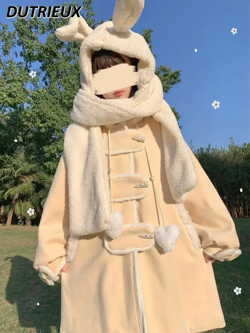 JK Hooded Pink Coat Uniform Cute Horn Buckle Autumn and Winter Sweet Double-layer Cotton Thickened Mid-length Overcoat