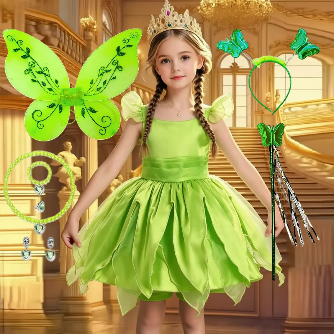Summer Girls Off Shoulder Green Princess Dress Pixie Cosplay Kids Elf Fairy Halloween Apparel Carnival Party Role Play Costume