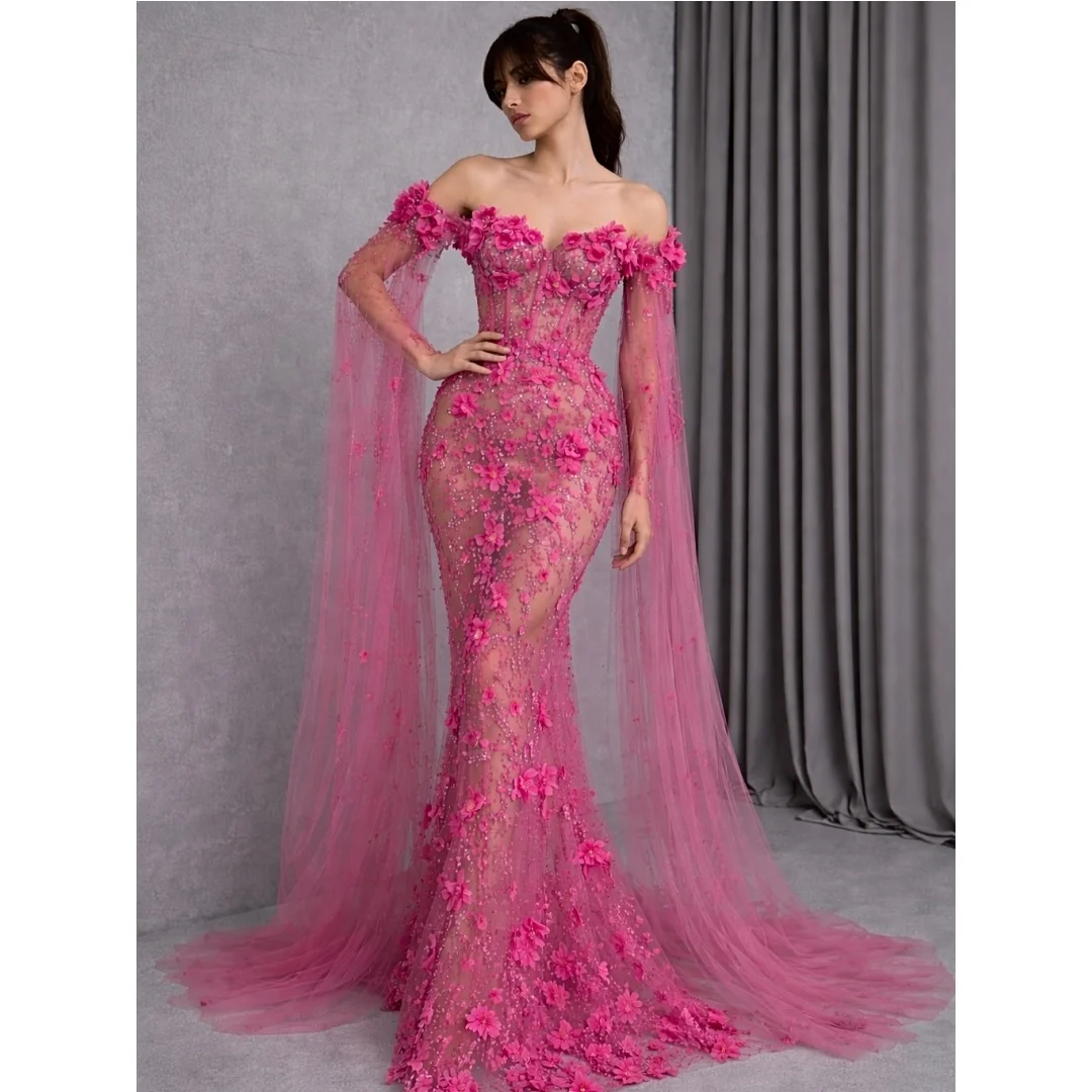 

Luxury Mermaid Evening Dresses Off the Shoulder Flowers Shawl Prom Dress Sequin Elegant Party Gown Gala Vestidos Customized
