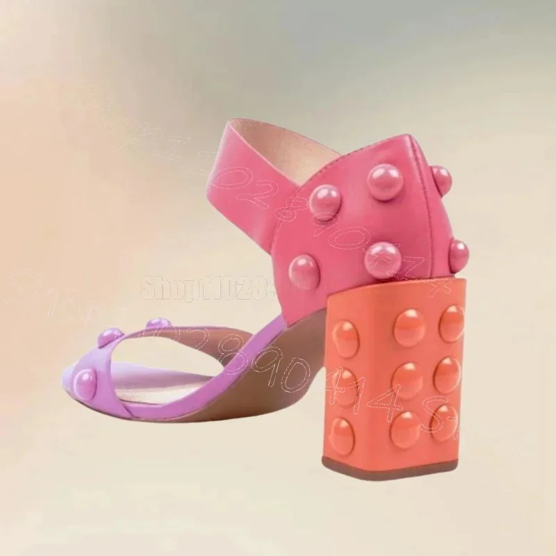 รองเท้าส้นสูงแบบเปิดนิ้วเท้า ดีไซน์หมุดกลมหลากสี สายรัดแบบหัวเข็มขัด รองเท้าผู้หญิง ส้นหนา สำหรับงานปาร์ตี้ งานเลี้ยง ปี 2025 รองเท้าผู้หญิง