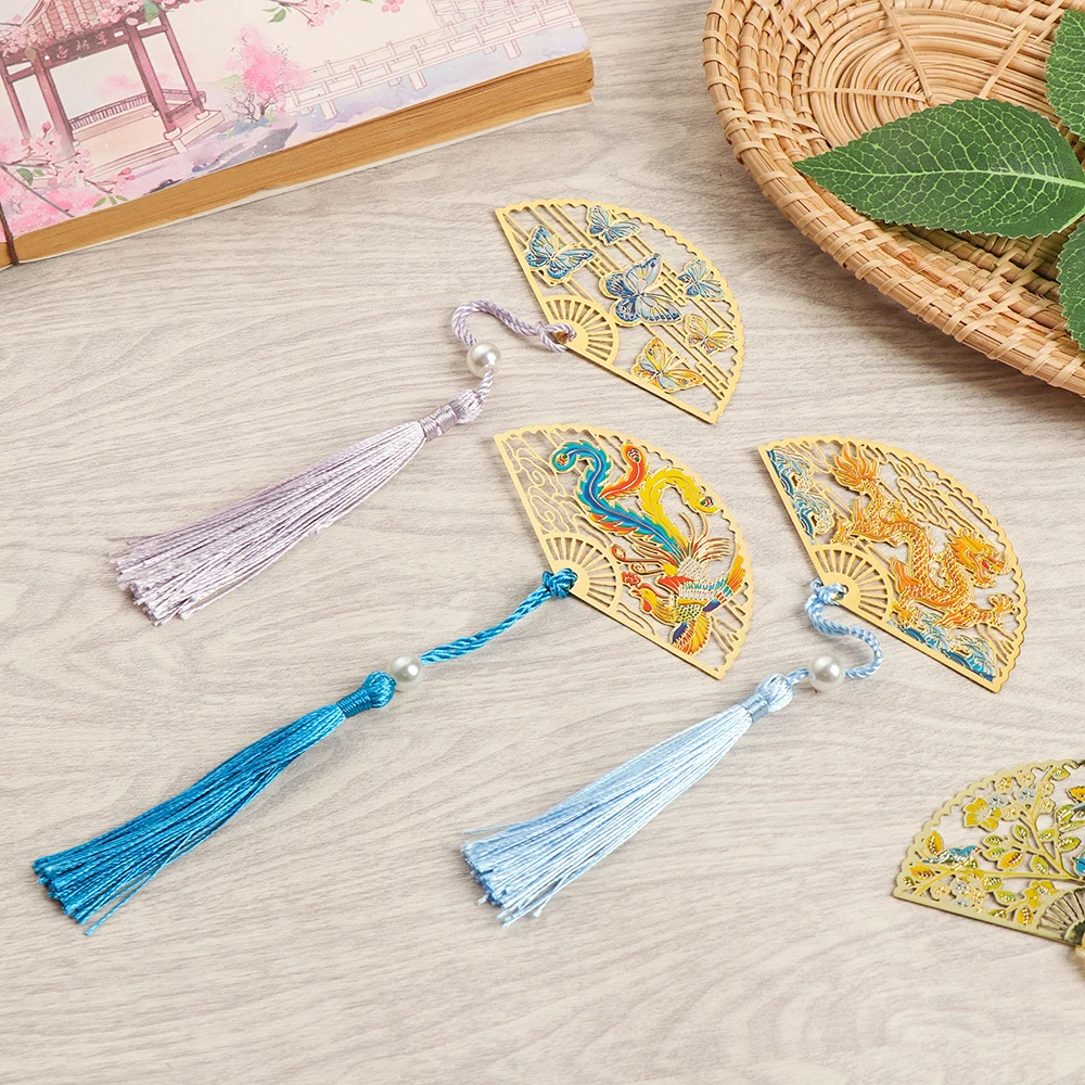 Chinese Style Stationery Tassel Flower Metal Pagination Mark Book Clip Folding Fan Shape Brass Bookmark