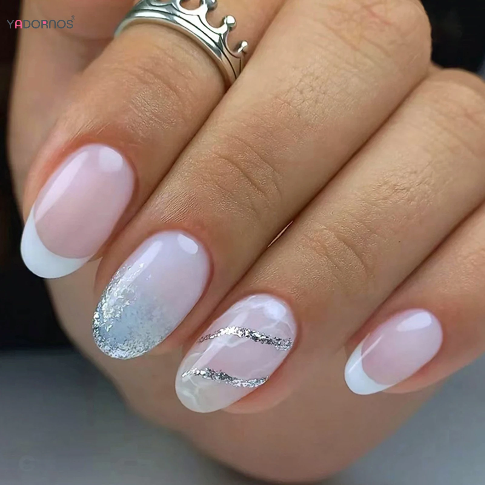 Light Pink Fake Nails White French Style Press on Nails Round Head Glitter Sequins Wearable False Nails Tips DIY Manicure