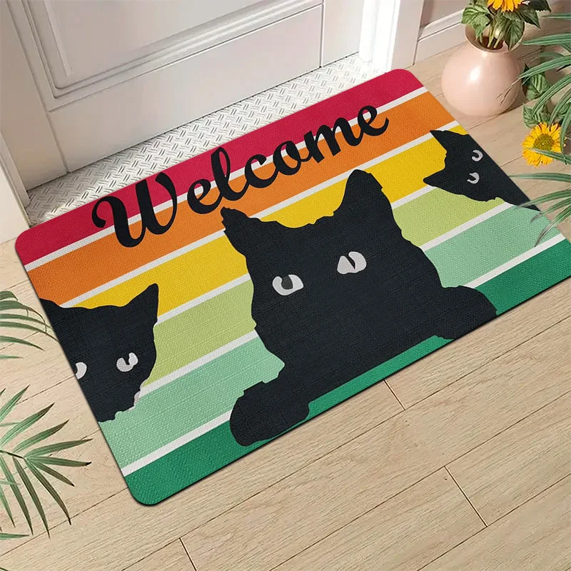 Graphic Cat Silhouette Doormat – Black Figures on Multicolor Stripe Background with Script Text,  Decorative Indoor Mat