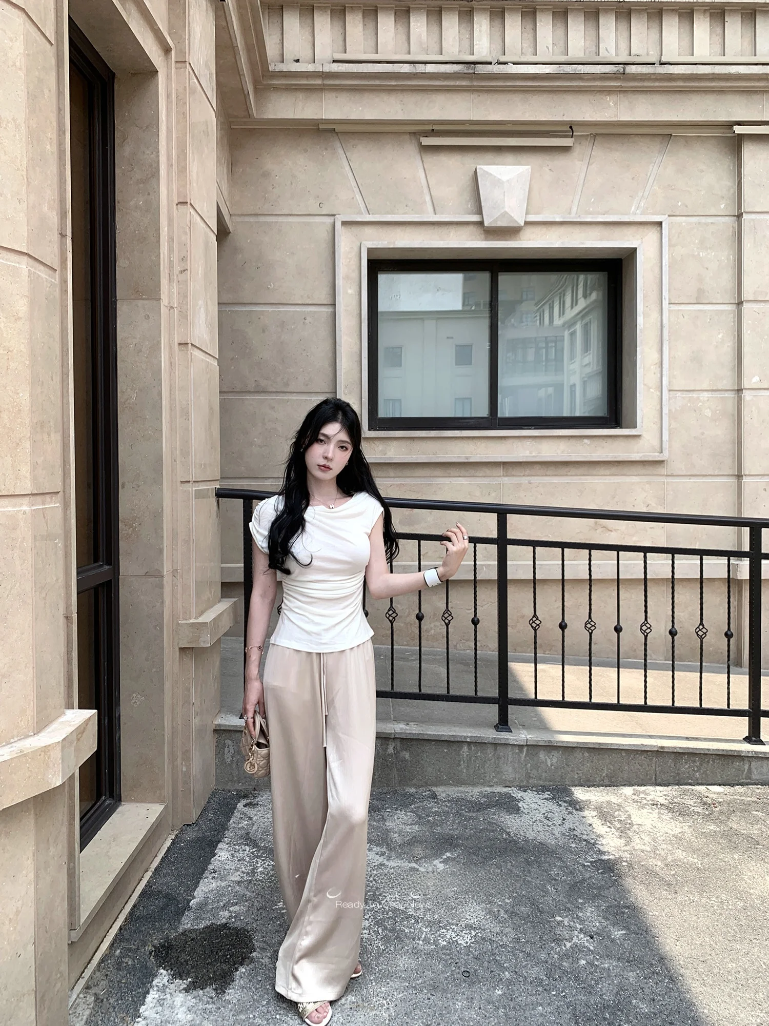 

Шелковистые струящиеся брюки с высокой талией и завязками, повседневные длинные брюки для женщин, летние, для работы, в корейском стиле, с широкими штанинами