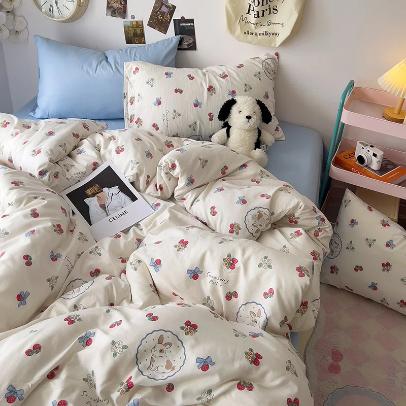 Cute Cartoon Rabbit Duvet Cover 100% Washed Cotton Floral Bedding Set Kawaii Fruit Strawberry Comforter Cover with 2 Pillowcases