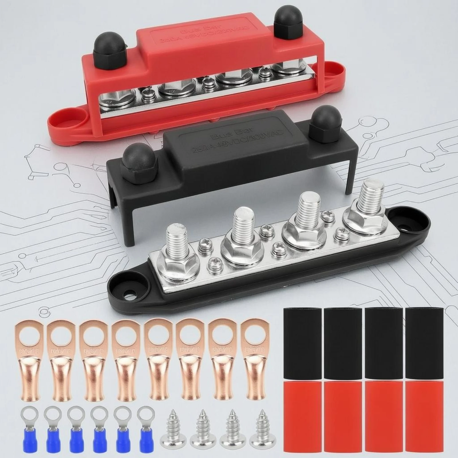 

2 Pieces 4-Terminal Bus Bar Heavy Duty 250A Bus Bar 4 Stud Junction Block Flame Retardant Power Distribution Block