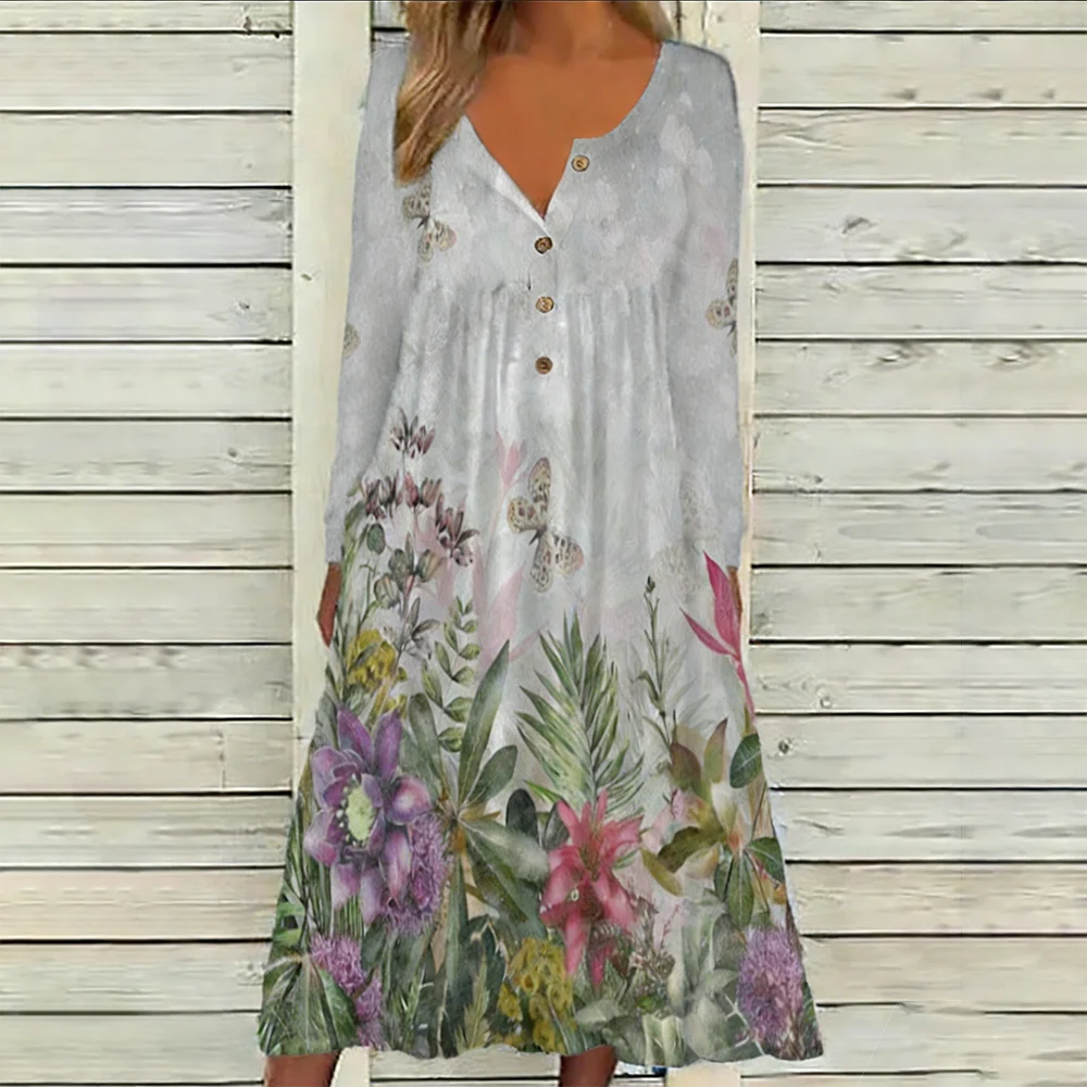 

Новинка осени-зимы 2026: Женское платье миди с V-образным вырезом, на пуговицах, с длинным рукавом, с цветочным принтом, свободного кроя, повседневное