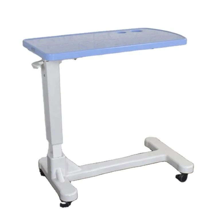 Hospital furniture adjustable hydraulic lifting ABS plastic overbed table with wheels