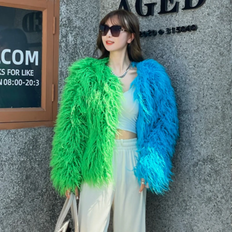 Women Spliced Contrast Colors Faux Mink Fur Coat Long Sleeve Fluffy Mongolia Sheep Fur Bomber Jacket Furry Tassels Cardigan Tops