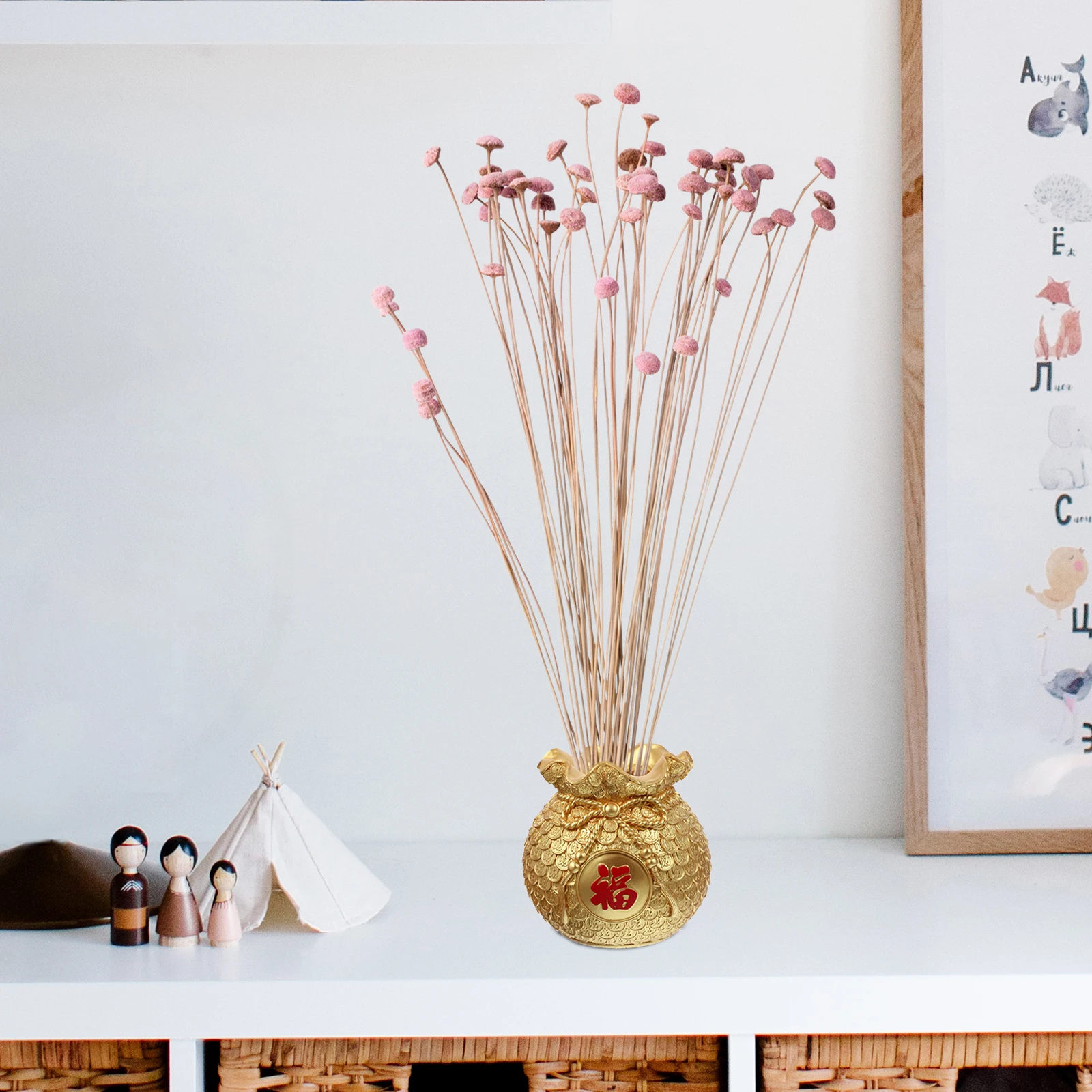 

Golden Purse Shaped Decorative Vase Facai Fruit Resin Material Creative Home Statue Vases Centerpieces Bedroom New Year Flower