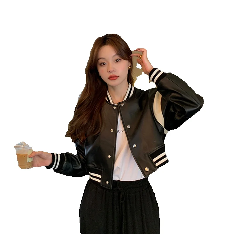 New Genuine Leather Jacket For Women With Reduced Age, Handsome And Fashionable Short Style Baseball Jacket, Contrasting Color J