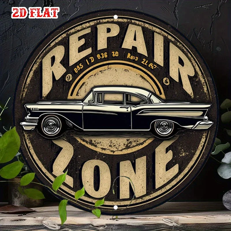 1pc Classic 2D Flat Aluminum Sign Featuring a Vintage Automobile, a Round Metal Sign with a Rustic Design.  Metal Wall Decor,