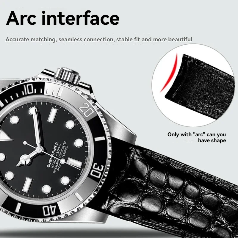 20mm 22mm High quality Curved Crocodile Skin WatchBand  Men cowhide Watch Strap For Rolex Tudor Omega Citizen Watch accessories