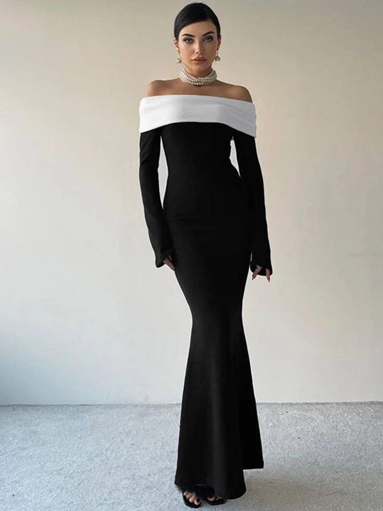 Chic Off Shoulder Dress Double Layer Slash Neck Long Sleeve Backless Long Dress Slim Party Evening Prom Culb Robe