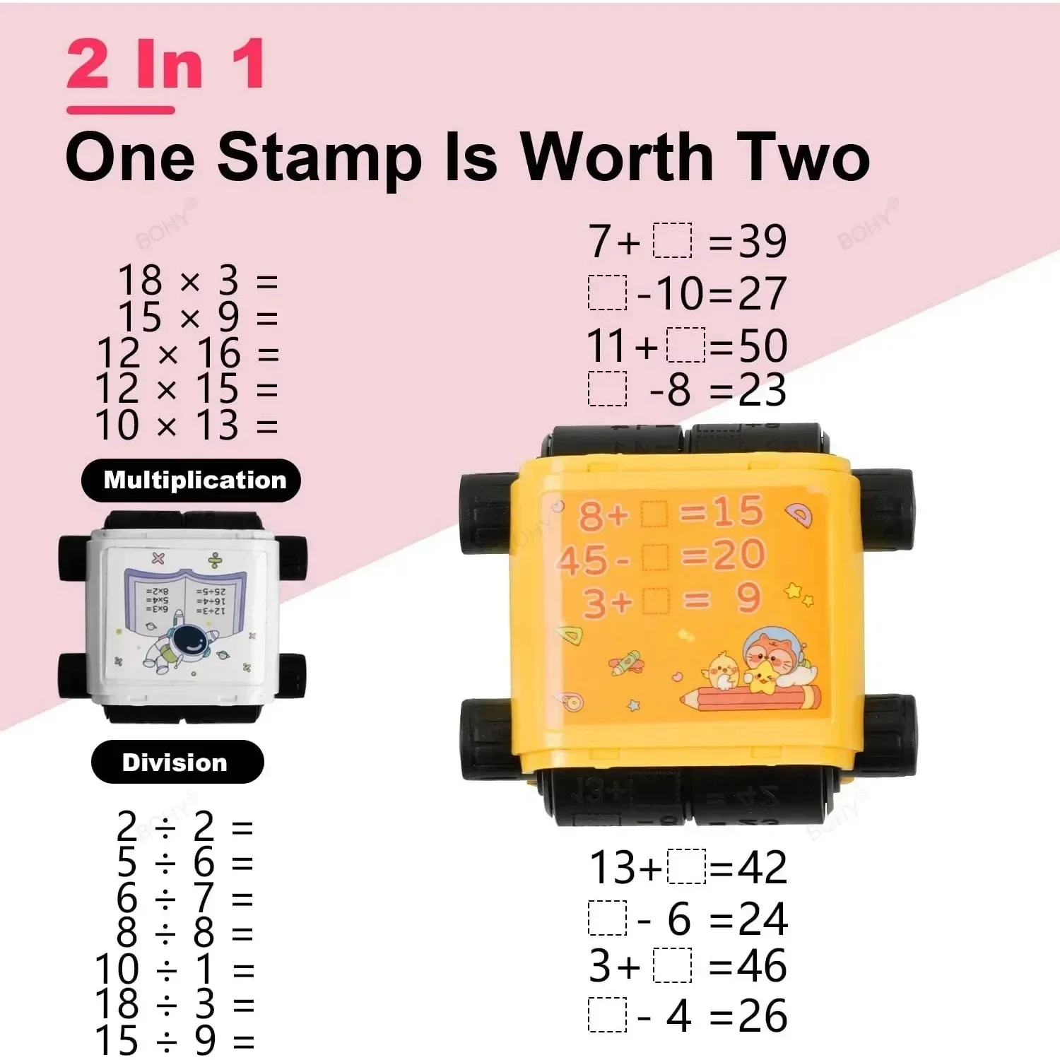 Multiplicação Digital Division Stamp Roll, 2 em 1, Selo de ensino para crianças, Rolo de cabeça dupla, dentro de 100