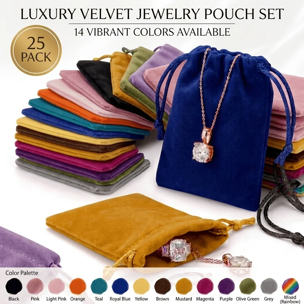 25pcs Plush Velvet Drawstring Gift Jewelry Pouch Storage Set Ring Necklaces Bracelets Wedding Party Favor Pouches Xmas Halloween