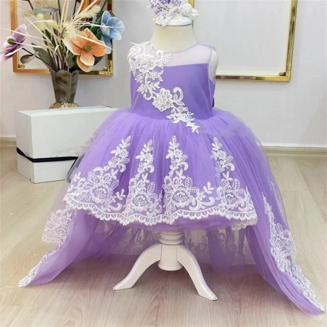 Apliques de encaje rosa para niños, vestidos de flores para niñas, cuello redondo, lazo sin mangas, tul escalonado, cumpleaños, graduación, vestidos de boda con tren