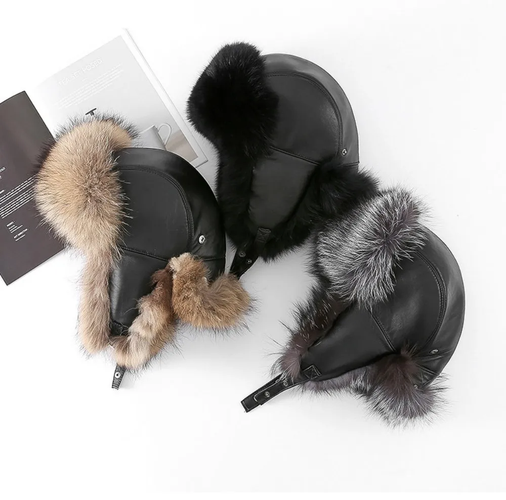 100% Real Fox Fur Hats Women's Russian Ushanka Caps Aviator Trapper Snow Skiing Hat Windproof  Earflap Winter Raccoon Fur Hat