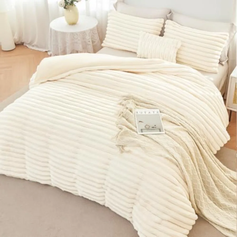 

3 Pieces Fluffy Girls Duvet Cover Set Beige Faux Fur Stripe Comforter Cover Luxury Fuzzy Bedding Cover Set for Teens 1 Duvet Co
